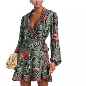 NWT FARM Rio Arabesque Floral Green Long Sleeve Mini Dress Size Large